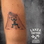 Blackwork Lanzarote devil tattoo with volcanic landscape, created at Lanza Tattoo in Puerto del Carmen, Lanzarote
